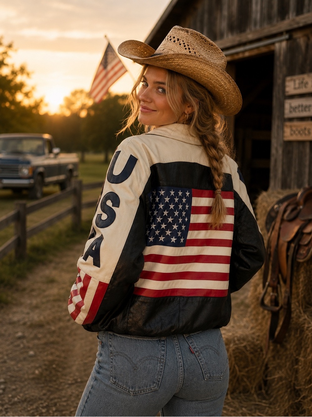 Vintage-Inspired USA Colorblock Leather Jacket - Women's Patriotic Coat